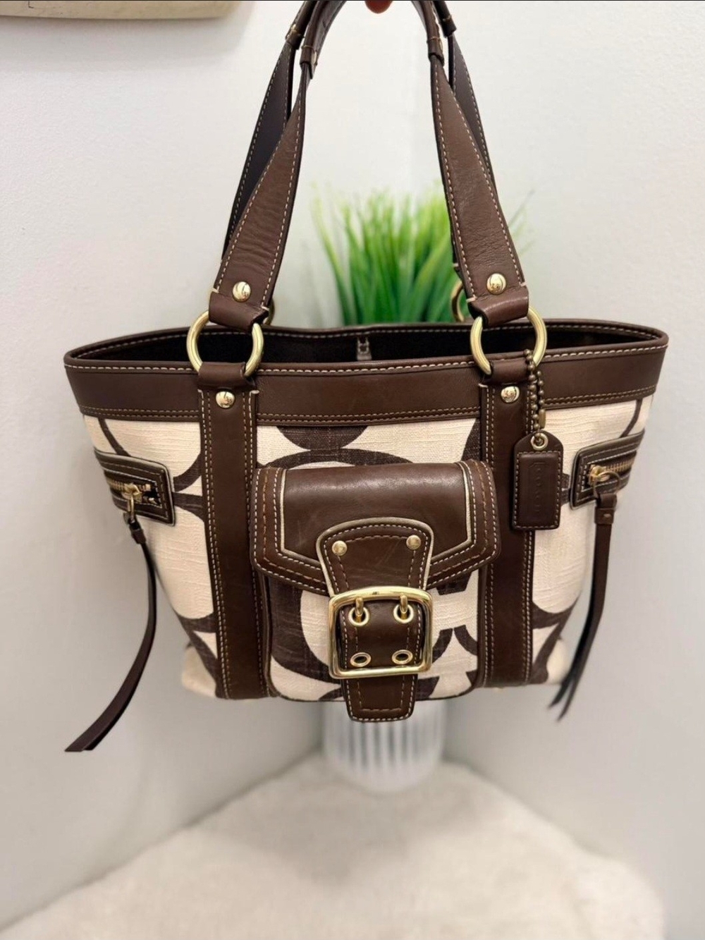 Coach Brown and Cream Signature Satchel with Leather Trim